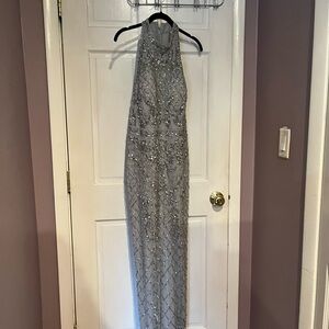 Adrianna Papell beaded silver gray evening dress